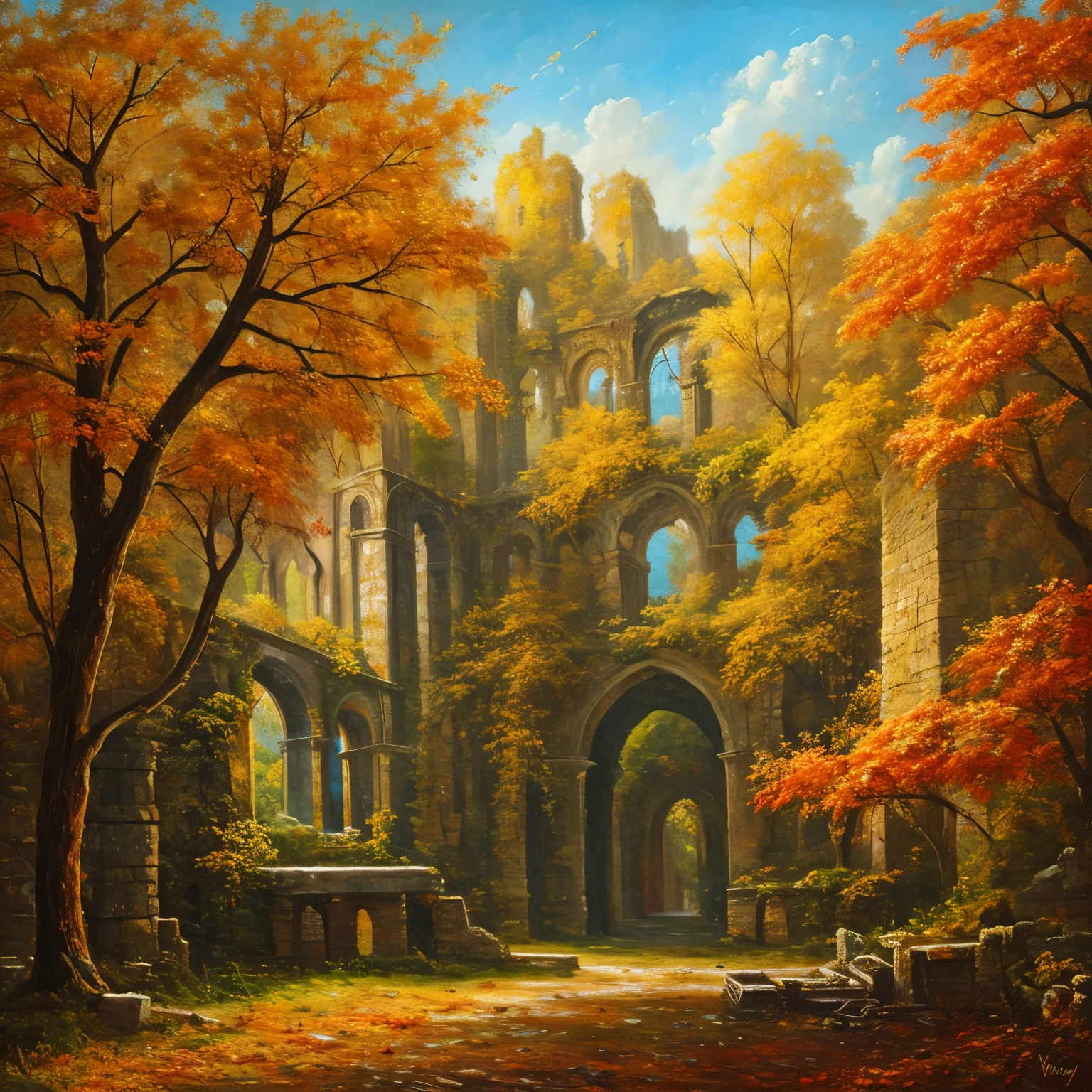 , late autumn ruins, high quality, highly detailed, illustration, impasto, canvas, oil painting, fantasy,