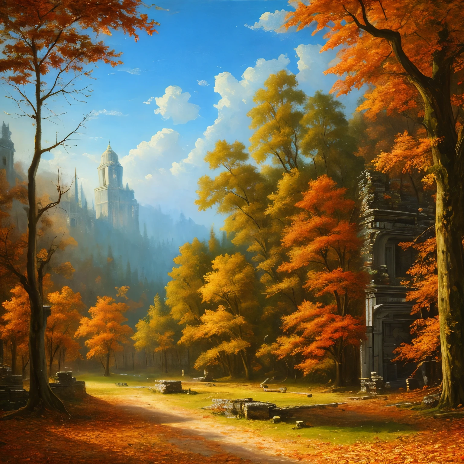 , late autumn ruins, high quality, highly detailed, illustration, impasto, canvas, oil painting, fantasy,