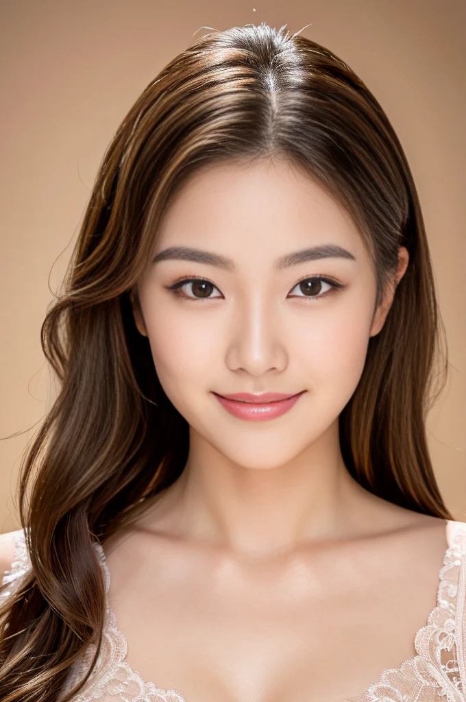 (highest quality, High resolution, masterpiece:1.3), 1 young japanese girl, Slender figure beauty, (smooth pale skin), Small face, Breast enhancement, loose curled medium shiny brunette with highlights, Precisely expresses details such as face and skin texture, Dark brown eyebrows are slightly rounded shape, Droopy moist eyes with dilated pupils and large irises, double eyelid, thick plump and shiny big lips, big smile, No makeup, (cleavage lace dress), photo from the shoulder up, A person in the center left and right, The whole head is shown, Professional cinematic lighting