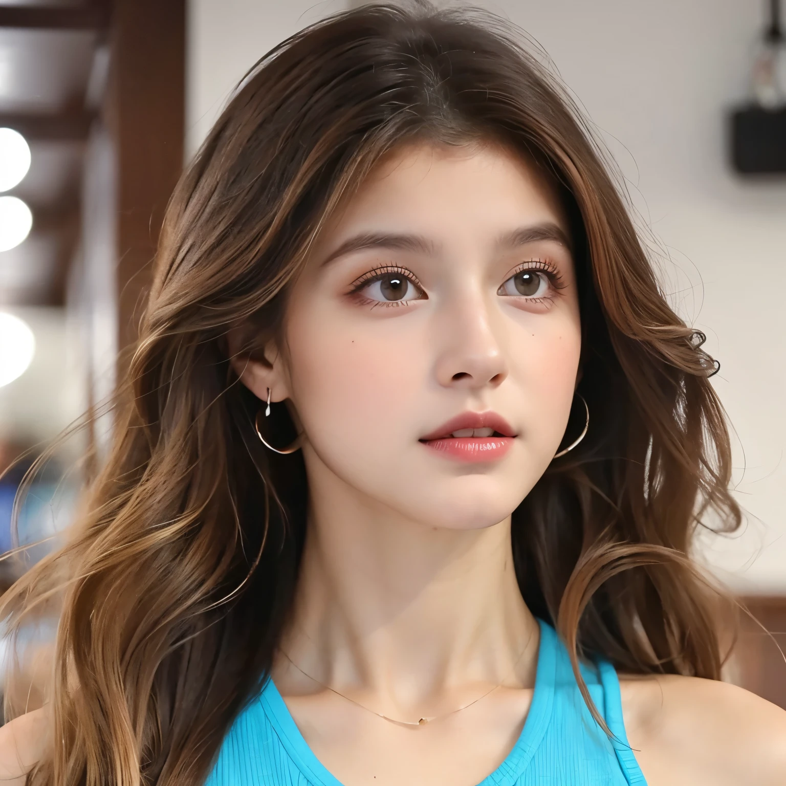 Mujer joven, estatura alta cuerpo fitnes, curly brown hair, ojos rasgados cafes claro vestida deportista, maquillaje natural