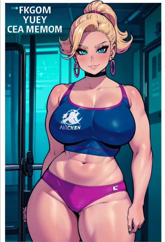 Bimbo girl at the gym,
(best quality,4k,8k,highres,masterpiece:1.2), ultra-detailed, cartoon, vibrant colors, HDR, lovely chubby bimbo girl ,venus body, curvy, dynamic pose, sparkling earrings, perfect makeup, glossy lipstick, captivating smile, short wavy blonde hair, gym environment, high-tech workout equipment, energetic atmosphere, fitness trainer providing guidance, motivational quotes on the walls, gym logo in the background, beautiful detailed eyes, breast enhancement, toned female, glamorous perfect female proportion,a solo cartoon of a woman in tight pants and a shirt, bimbo at the gym, thicc, oc commission, commission for high res, hands behind her body pose!, inked and colored, cel shaded!!!, cutesexyrobutts, full body portrait of a short!, fullbody commission for, thighs!!!!!!, lowres, thighs!!!, a close up of a woman with a blue top, short hair, anime visual of a woman, female anime character, 

