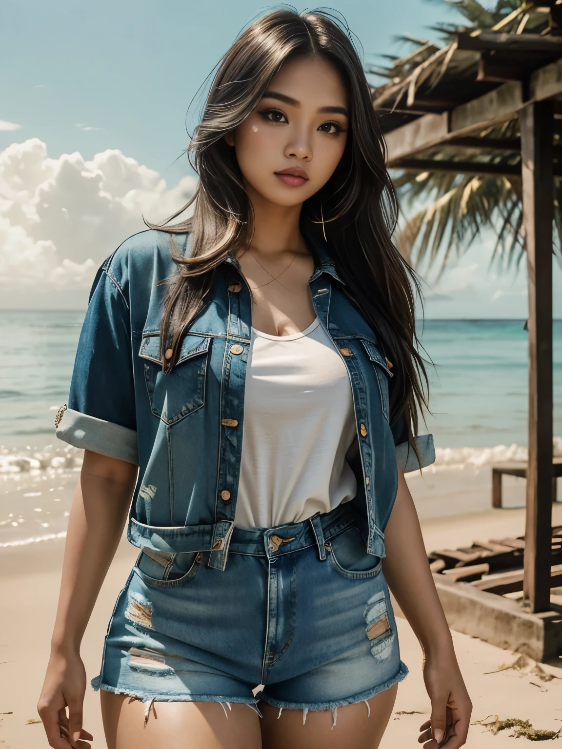 (SFW, Beautiful aesthetic sexy Malaysian|Filipina female model:1.3), thicc hourglass figure, wearing denim shorts and shirt, long messy hair, beach ruins at sunrise, soft fill lighting, freckles, perfect eyeliner and eyeshadow