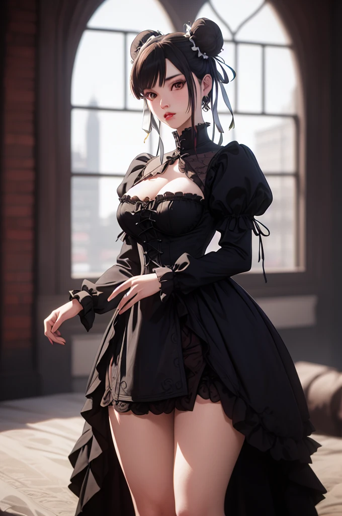 (vivid colors,ultra-detailed),(best quality,realistic:1.37)chun li as a Victorian goth girl in a dark Victorian era backdrop, full body, reimagined