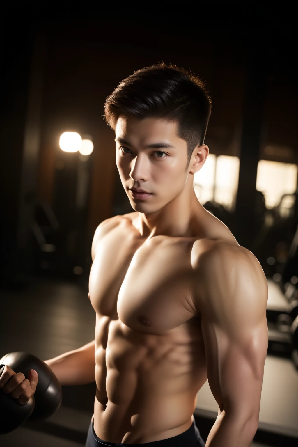 Man in his 20s posing for photos,  A high resolution, tmasterpiece, Best quality, heads:1.3,((hasselblad photograph)), delicate skin, Focus Clear, (Movie Lighting), during night, gentlesoftlighting, dynamic angle, [:(Detailed faces:1.2):0.2],(((workout))), External