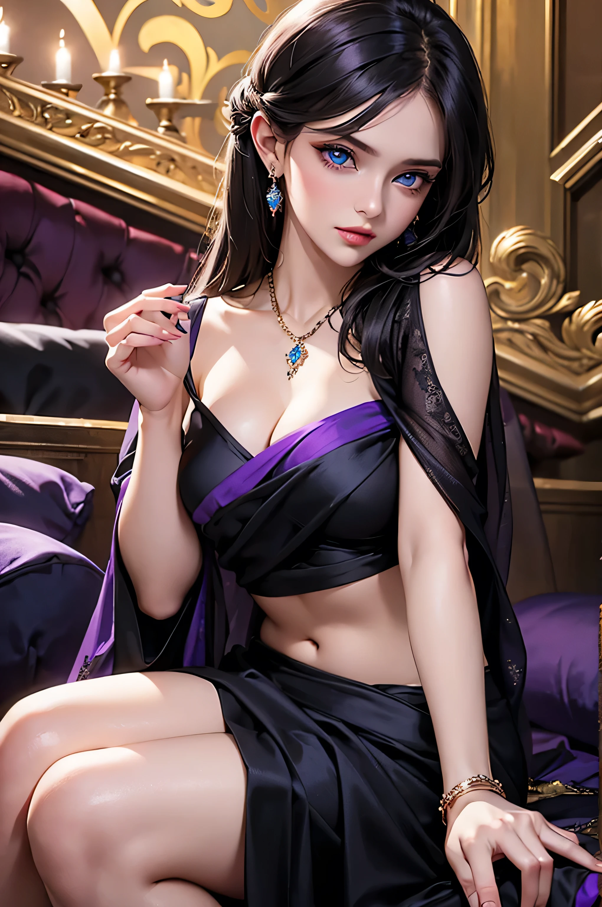 russian beautiful girl in black and purple saree, blouse, mat saree small cleavage line, medium breast, beautiful blue eyes, medium