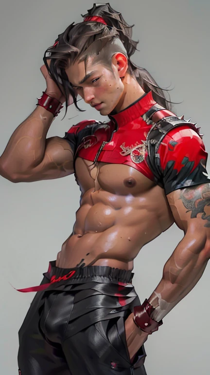 Ballet dancer in tight white tights, drops of sweat on the skin, muscular young man, large bulge, protruding codpiece 1,(1boy:1.5),-yeld:1.eenager,Libido boy, physiognomy,(warrior), boy,(((boy,boy,only,,male gender))), (black hair:1.5,((spiky black hair with ponytail))),(((brown_eyes:1.3))),intricate eyes,beautiful detailed eyes,symmetrical eyes,big eyes:1.5,,((good anatomy,accurate body proportions,detailed shota body for young boy:1.3,perfect anatomy))), serious and thoughtful man,(nsfw),cute, ((gray revealing armor)),(red tights),(light armored armor on his chest and shoulders),((bright red panties),((revealing clothing:1.5,show skin:1.5)),(tiny bulge on panties),(((intricate outfit,intricate clothes))), (dynamic pose:1.0),embarrassed,(centered,scale to fit dimensions,Rule of thirds), sharp focus,(ultra detailed,extremely detailed),(photorealistic artwork:1.37),(extremely detailed CG unity 8k wallpaper),(((vibrant colors,vibrant theme))),(intricate),(masterpiece),(best quality),