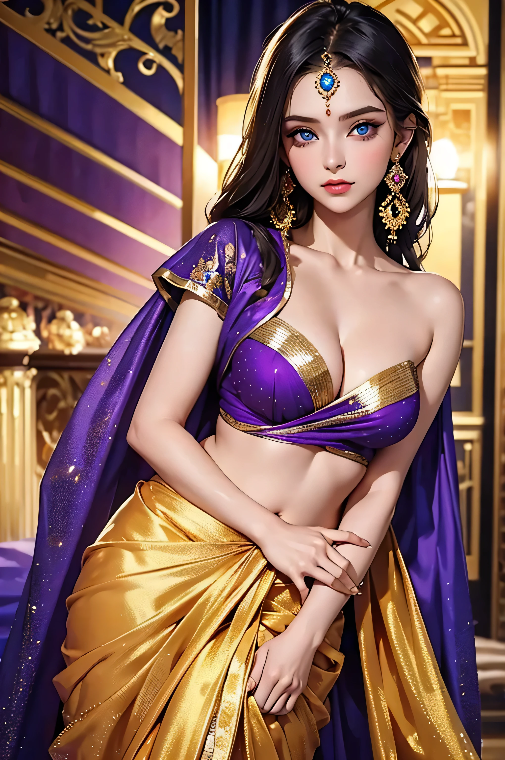 russian beautiful girl in golden and purple saree, blouse, mat saree small cleavage line, medium breast, beautiful blue eyes, medium
