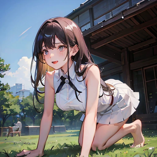 masterpiece, highest quality, High resolution, aamikoto, Long Hair, Exposing shoulders, Sleeveless shirt, White shirt、Short skirt,On all fours, Outdoor,barefoot,Looking up,Embarrassed face,Sweating,Eyes on my nose,Looking at the audience,It is twitching slightly,Mouth open and tongue out,Wearing a collar
