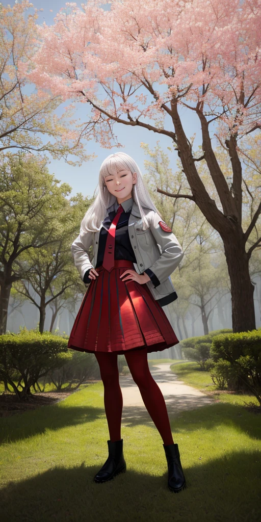 Female, standing, straight, 1girl (Full body, view from below, cowboy shot, looking at viewer, masterpiece, best quality, ultra detailed, immaculate:1.2) 30 y.o. woman, red eyes, LONG SILVER WHITE hair, posing for photo, seductive smile, grey jacket, red necktie, green skirt, Sakura tree, building, (pinched eyes) (closed mouth) (hands on hips)