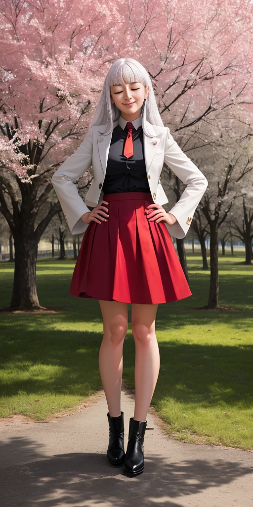 Female, standing, straight, 1girl (Full body, view from below, cowboy shot, looking at viewer, masterpiece, best quality, ultra detailed, immaculate:1.2) 30 y.o. woman, red eyes, LONG SILVER WHITE hair, posing for photo, seductive smile, grey jacket, red necktie, green skirt, Sakura tree, building, (pinched eyes) (closed mouth) (hands on hips)