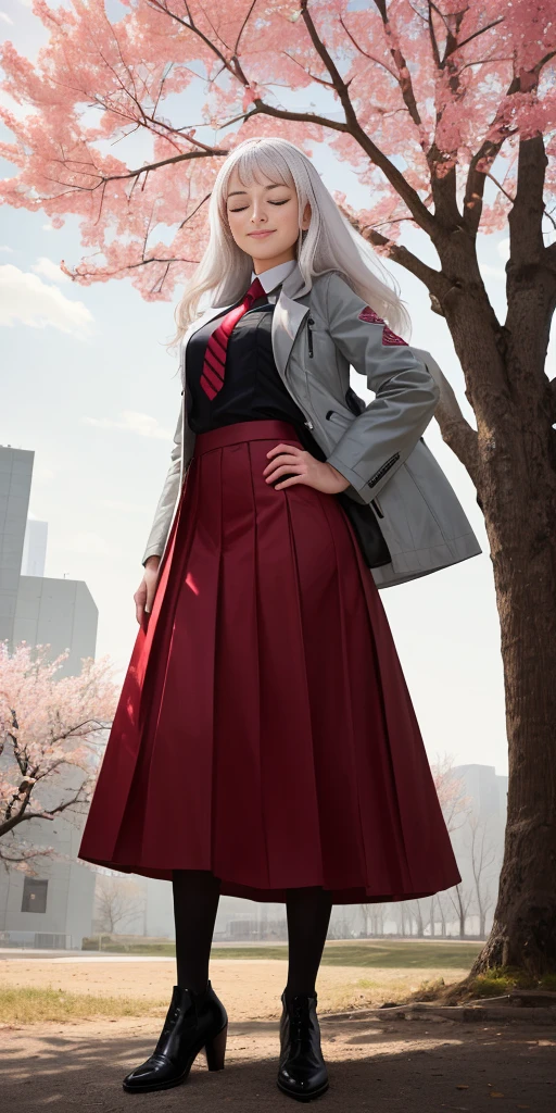 Female, standing, straight, 1girl (Full body, view from below, cowboy shot, looking at viewer, masterpiece, best quality, ultra detailed, immaculate:1.2) 30 y.o. woman, red eyes, LONG SILVER WHITE hair, posing for photo, seductive smile, grey jacket, red necktie, green skirt, Sakura tree, building, (pinched eyes) (closed mouth) (hands on hips)