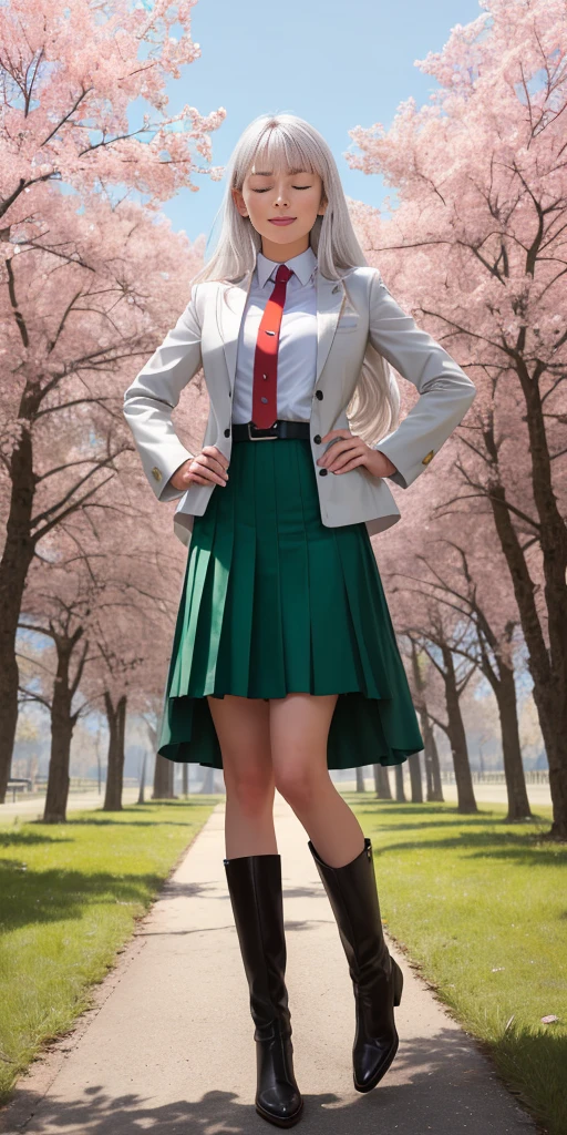 Female, standing, straight, 1girl (Full body, view from below, cowboy shot, looking at viewer, masterpiece, best quality, ultra detailed, immaculate:1.2) 30 y.o. woman, red eyes, LONG SILVER WHITE hair, posing for photo, seductive smile, grey jacket, red necktie, green skirt, Sakura tree, building, (pinched eyes) (closed mouth) (hands on hips)