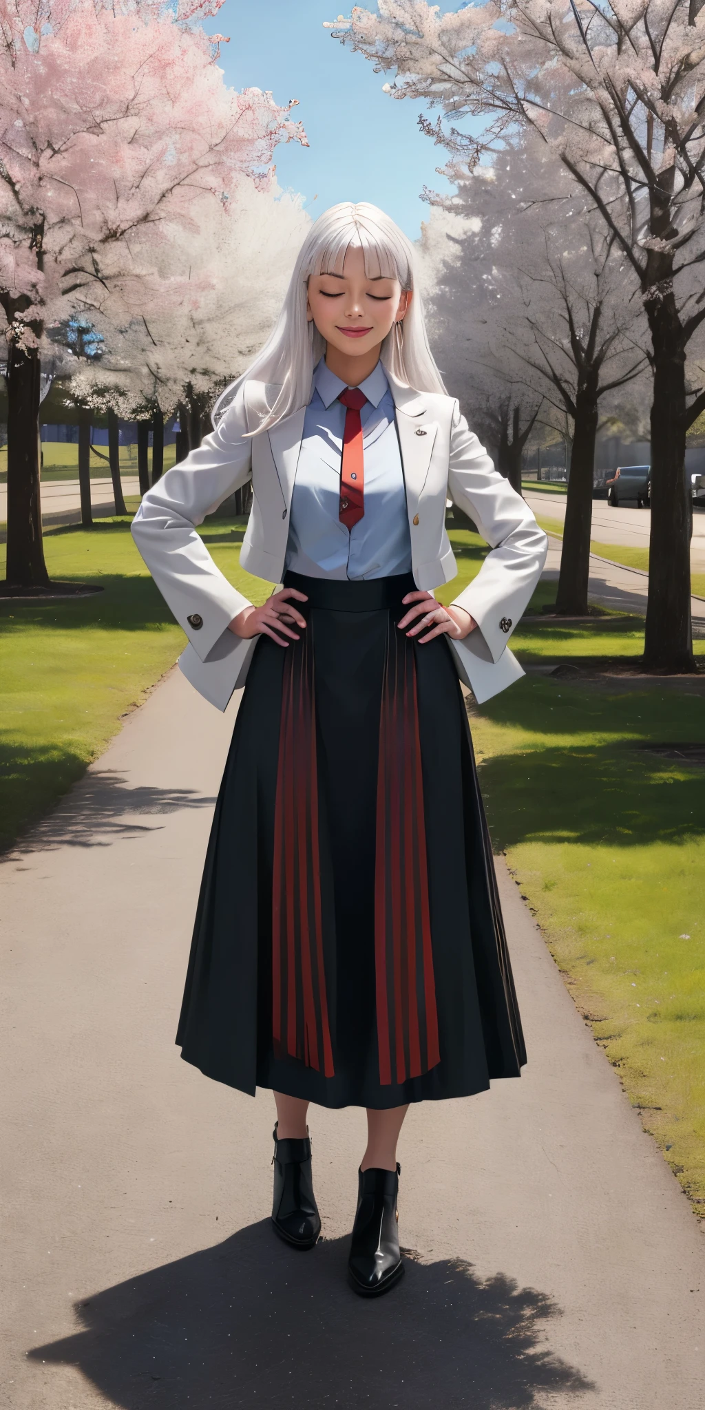 Female, standing, straight, 1girl (Full body, view from below, cowboy shot, looking at viewer, masterpiece, best quality, ultra detailed, immaculate:1.2) 30 y.o. woman, red eyes, LONG SILVER WHITE hair, posing for photo, seductive smile, grey jacket, red necktie, green skirt, Sakura tree, building, (pinched eyes) (closed mouth) (hands on hips)
