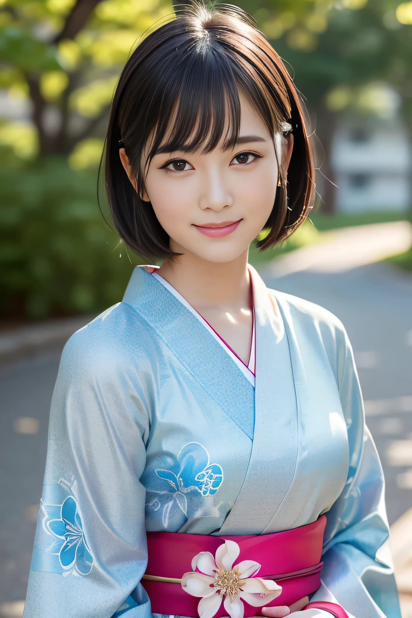 (highest quality:1.5)、(Realistic:1.5)、(1 person:1.5)、whole body、(Very detailed)、(High resolution)、8k、Beautiful kimono with Japanese patterns、Cute obi with Japanese patterns、kimono、Small breasts、Natural color lips、Cute smile、Japanese women、20 year old girl、Thin eyebrows、Beautiful and elegant face、cute face、cute eyes、Big eyes、Fair skin、Beautiful and elegant face、Natural Bangs、Beautiful and thin nose、Beautiful Skin、Medium Bob Hair、Short Hair、Natural Bangs、Perfect and beautiful face、Slim face and figure、（Looking at the camera with a cute expression）、(Bright lighting)、Professional Lighting、 (Lighting from the front)、Natural smile、cute、Simple Background、Outdoor、Elegant pose、Kimono with furisode、Cute Kimono with Furisode、(Cute kimono)、(cute kimono)、