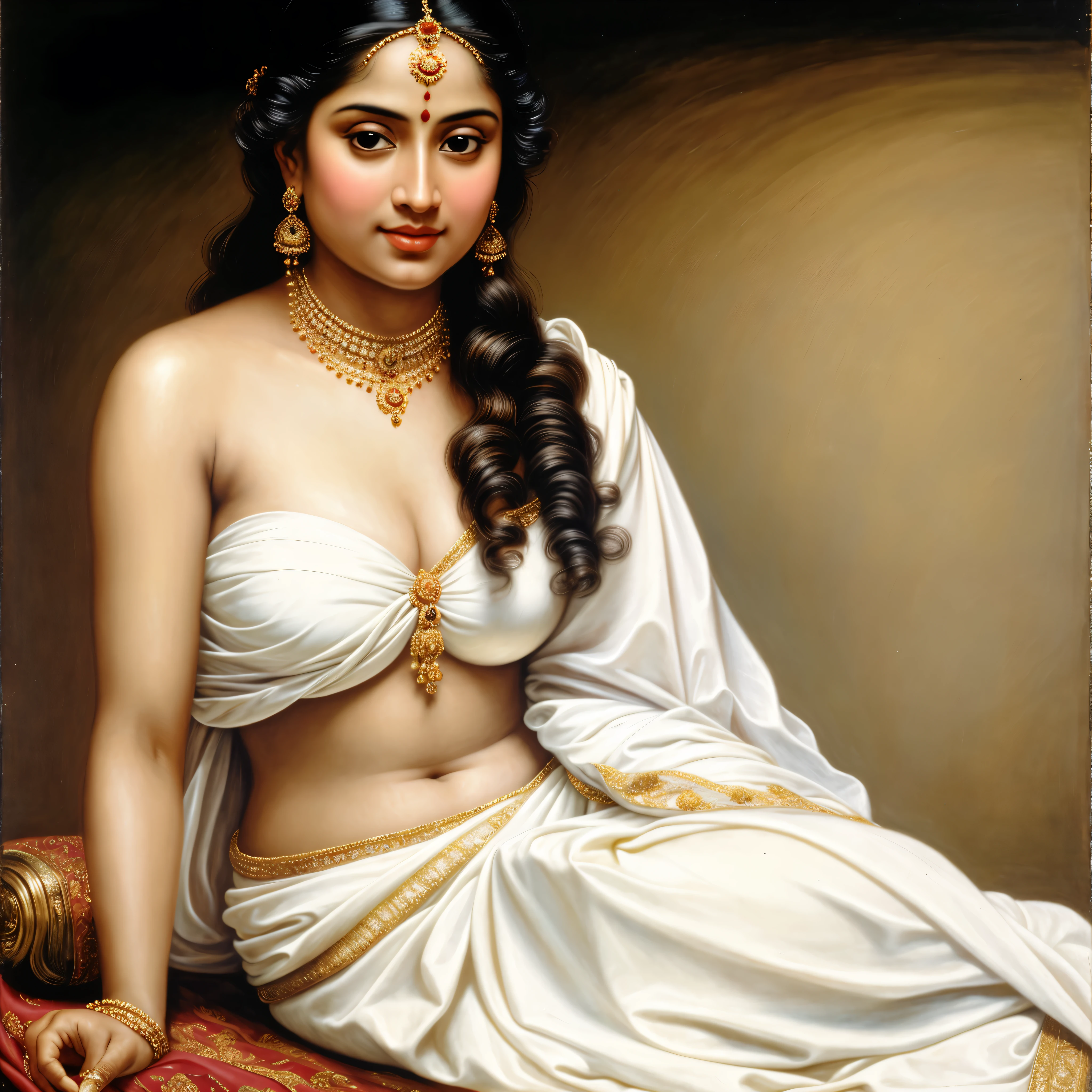 Beautiful Indian Woman, wearing saree, sari Beauty, gorgeous, Apsara, Maharani, royal queen woman, nymph from Hindu Mythology, Urvashi, matchless beauty, Highly detailed, Oil Painting by Peter Paul Rubens inspired by Raja Ravi Varma, Matchless beauty, captivating, gorgeous, heavenly beauty, celestial beauty, by Peter Paul Rubens, 13, realistic, hyper realistic, micro details, incredible artwork, insane details, ultra High resolution, 8k, 32k, acrylic on canvas, intricate, flawless, detailed, detailed face, detailed eyes, masterpiece, by Peter Paul Rubens, by Caravaggio, by William Adolphe bouguereau, perfect face, perfect body, beautiful art, realism, baroque, renaissance Art, highly textured, beautiful and detailed eyes, uhd, best quality,