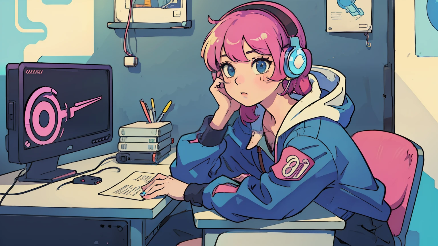 (masterpiece), (Best illustrations), Winds of the 90s,Retro、Colorful Cyberpunk、Girl studying at desk, headphone, Girl's Room,Barely, Black Stockings、The inside color is pink,Emo,Night view, Night Light, Lo-fi hip hop, Desktop PC, Ring lighting,(masterpiece), (highest quality), (Vaporwave Style), (Ultra-detailed), (Best illustrations), (Best Shadow),Perfect lighting, Bright colors,fashionable