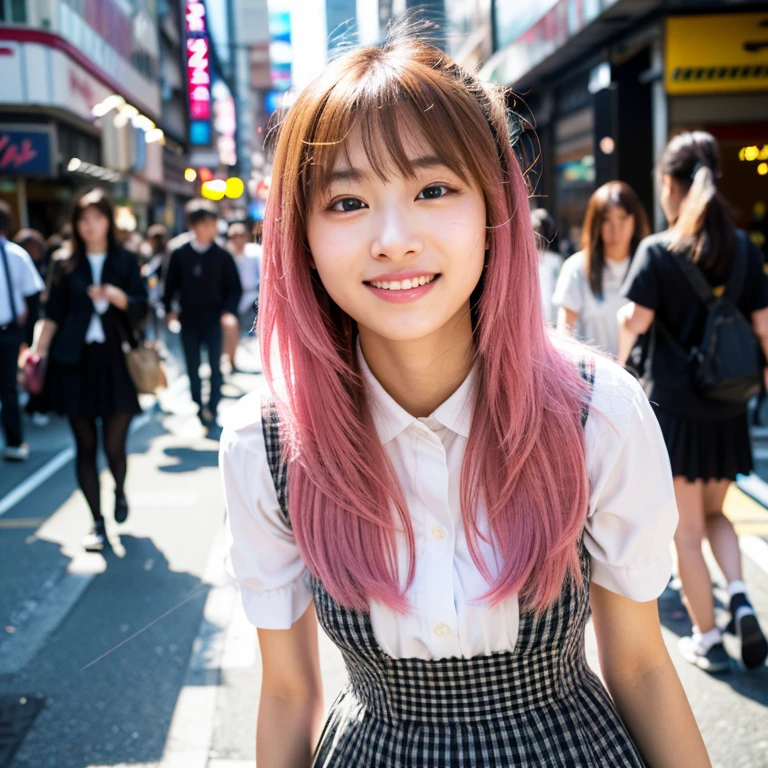 An unforgettable smile,Floating Hair, Flowing Hair, Pink Hair, Long Hair,ピンク iris, Two-tone hair, Beautiful fine hair, Exquisite and beautiful face,, Clear Eyes, Soft lips, iris, Ultra Wide Angle,Full Body Shot, 最high quality、masterpiece、超A high resolution、(Realistic:1.4)、Very detailed CG Unity 8k 壁紙、Detailed and complex、original、High resolution、RAW Photos、(Perfect figure)、Detailed and complex,、Digital SLR、Soft lighting、high quality、Film Grain、Written boundary depth、Leica Camera、50mm lens、Backlight、High resolution、Ultra-realistic、Color Grade、Dynamic pose、Portraiture、Japanese、prohibit、(Crowded Akihabara:1.2)、Front Viewer、Natural soft light、With a girl、20-year-old、Lesbians all over、alone、 student、University、uniform、shirt、Bobby Socks、Checkered Pleated Skirt、Daytime、in street、Deep Shadow、cute、beauty、Inconspicuous、Cold light 12000K \\ street、Store status、Akihabara、Shinjuku、Shibuya Ward、Ikebukuro、Detailed and realistic、Skin Texture、Very detailed、リアルなSkin Texture、(dramatic、Award-winning photo、信じられないほどのmasterpiece:1.3)