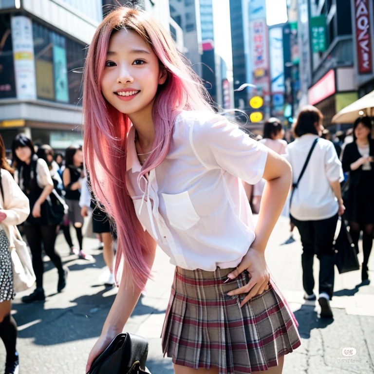 An unforgettable smile,Floating Hair, Flowing Hair, Pink Hair, Long Hair,ピンク iris, Two-tone hair, Beautiful fine hair, Exquisite and beautiful face,, Clear Eyes, Soft lips, iris, Ultra Wide Angle,Full Body Shot, 最high quality、masterpiece、超A high resolution、(Realistic:1.4)、Very detailed CG Unity 8k 壁紙、Detailed and complex、original、High resolution、RAW Photos、(Perfect figure)、Detailed and complex,、Digital SLR、Soft lighting、high quality、Film Grain、Written boundary depth、Leica Camera、50mm lens、Backlight、High resolution、Ultra-realistic、Color Grade、Dynamic pose、Portraiture、Japanese、prohibit、(Crowded Akihabara:1.2)、Front Viewer、Natural soft light、With a girl、20-year-old、Lesbians all over、alone、 student、University、uniform、shirt、Bobby Socks、Checkered Pleated Skirt、Daytime、in street、Deep Shadow、cute、beauty、Inconspicuous、Cold light 12000K \\ street、Store status、Akihabara、Shinjuku、Shibuya Ward、Ikebukuro、Detailed and realistic、Skin Texture、Very detailed、リアルなSkin Texture、(dramatic、Award-winning photo、信じられないほどのmasterpiece:1.3)
