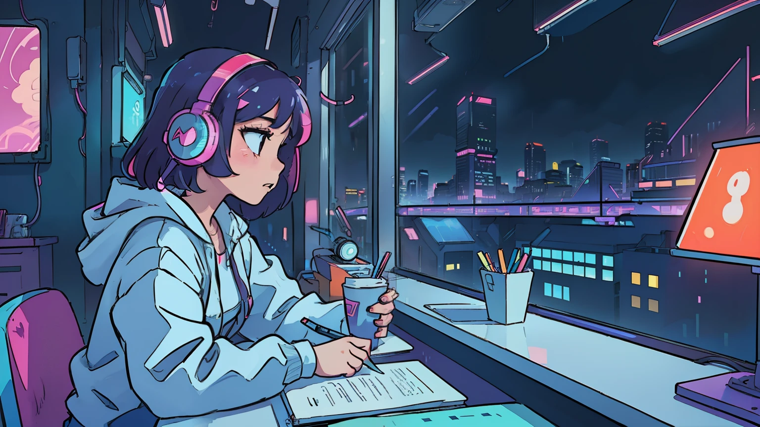 (masterpiece), (Best illustrations), Winds of the 90s,Retro、Colorful Cyberpunk、Girl studying at desk,profile, Put on your headphones, Night Light, Neon scenery on a rainy day seen from the window, Girl's Room,Barely, Black Stockings、The inside color is pink,Emo,Night view, Night Light, Lo-fi hip hop, Desktop PC, Ring lighting,(masterpiece), (highest quality), (Vaporwave Style), (Ultra-detailed), (Best illustrations), (Best Shadow),Perfect lighting, Bright colors,fashionable