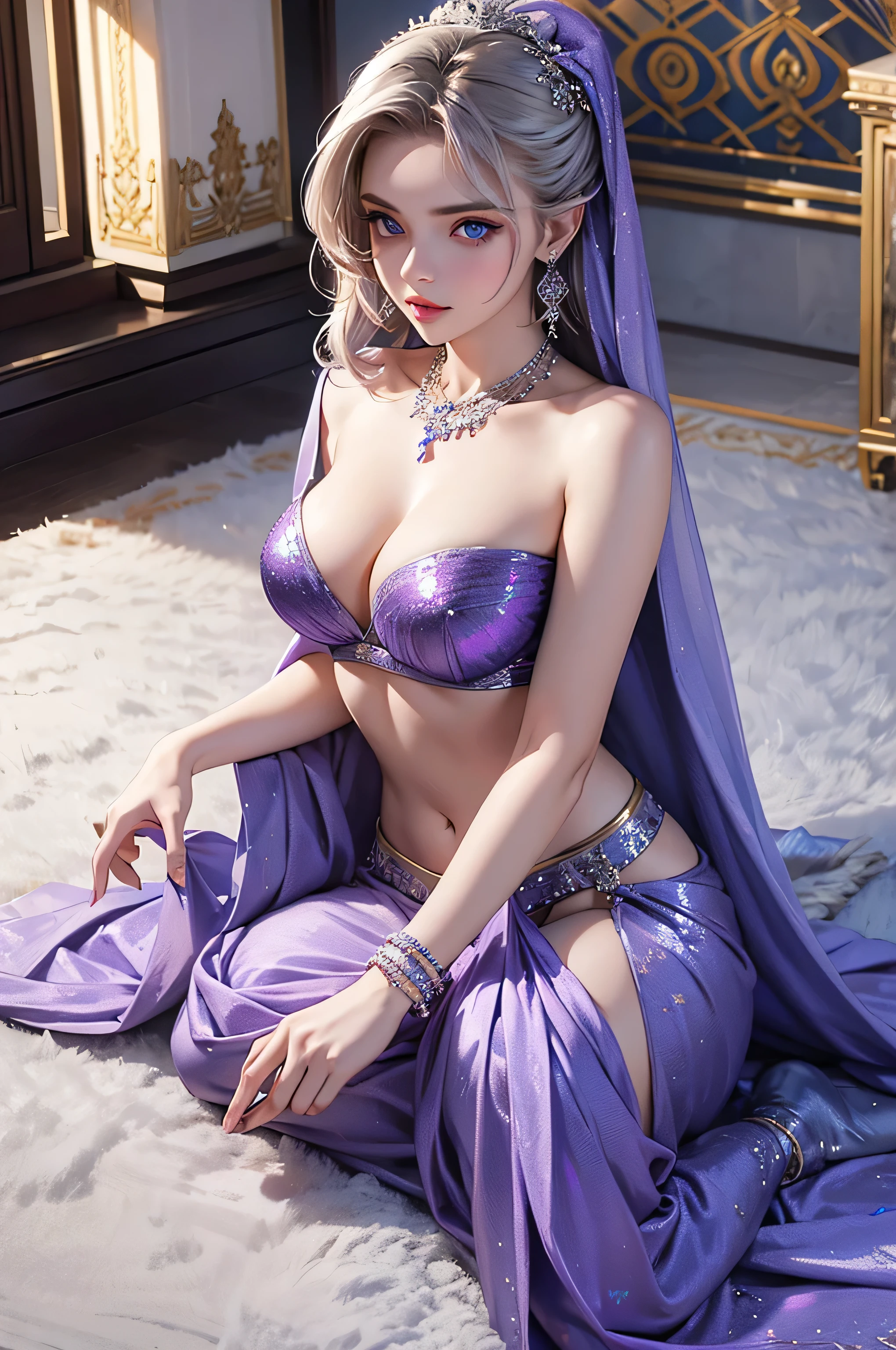 russian beautiful girl in silver and purple saree, blouse, mat saree small cleavage line, medium breast, beautiful blue eyes, medium