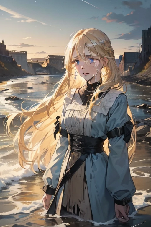 (Young woman: 1.2), in tattered dress, (long blond hair: 1.4), trailing in the winter wind, (blue eyes: 1.2) brimming with tears, (in front of a rough river: 1.4), with strong current flowing, (castleton background: 1.4), a majestic silhouette towering over, (winter and night: 1.2), a bitterly cold and dark scene, (she is crying: 1.2), mournful sobs echoing through the air.