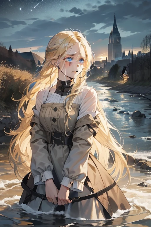 (Young woman: 1.2), in tattered dress, (long blond hair: 1.4), trailing in the winter wind, (blue eyes: 1.2) brimming with tears, (in front of a rough river: 1.4), with strong current flowing, (castleton background: 1.4), a majestic silhouette towering over, (winter and night: 1.2), a bitterly cold and dark scene, (she is crying: 1.2), mournful sobs echoing through the air.
