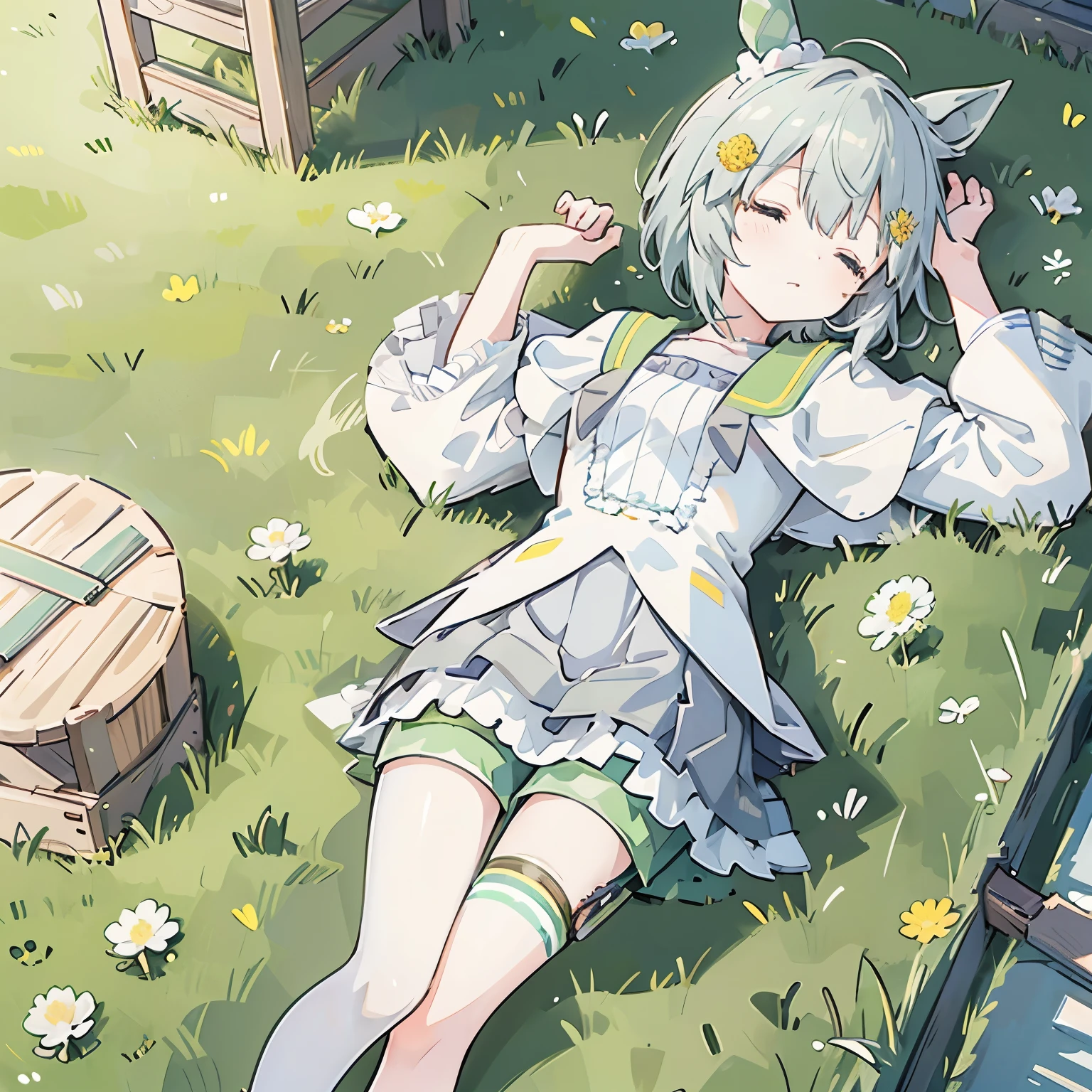 Seiun Sky | Uma Musume: Pretty Derby,horse ear,grassy ground,afternoon,sleeping,dandelion hair clip,lay on the ground, competition uniform,taking a nap,Victory server,Gray ruffled skirt,Green shorts under the skirt