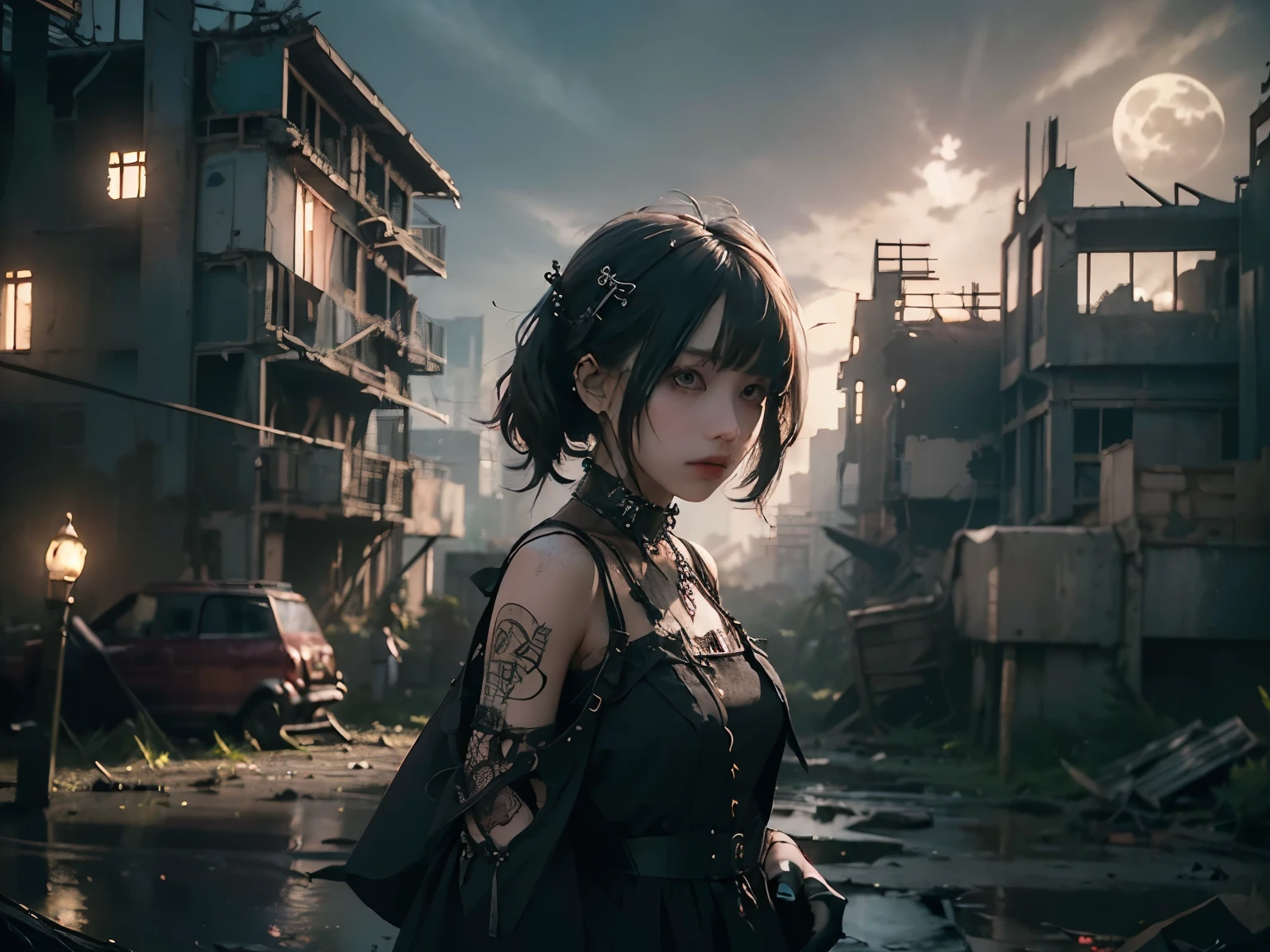 minimum, harmony, aesthetic, fantastic scene, night, (Dystopia, ruins:1.4), Broken Building, Abandoned Garden, The moonlight mysteriously illuminates the girl , Expecting Girl, 24-years-old, slender, Medium Hair, bangs, (Gothic_Punk:1.2), masterpiece, best quality, RAW Photos, photorealistic, depth of field, candytt