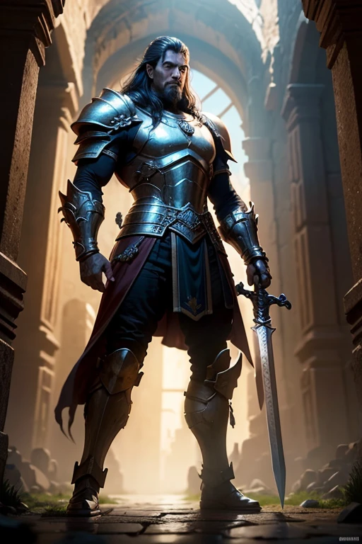 Amidst the echoing halls of the ancient fortress, a figure stands tall, his legendary armor gleaming under the flickering torchlight. With a sword forged from the depths of time, he bears the mark of a true warrior, his strength unmatched, his courage unwavering. As the echoes of battle call out to him once more, he stands ready to face any challenge that dares to cross his path.