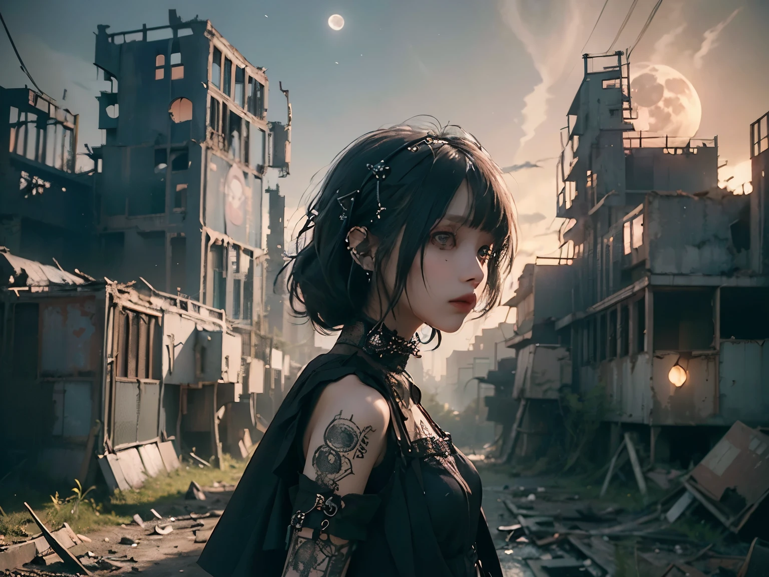 minimum, harmony, aesthetic, fantastic scene, night, (Dystopia, ruins:1.4), Broken Building, Abandoned Garden, The moonlight mysteriously illuminates the girl , Expecting Girl, 24-years-old, slender, Medium Hair, bangs, (Gothic_Punk:1.2), masterpiece, best quality, RAW Photos, photorealistic, depth of field, candytt