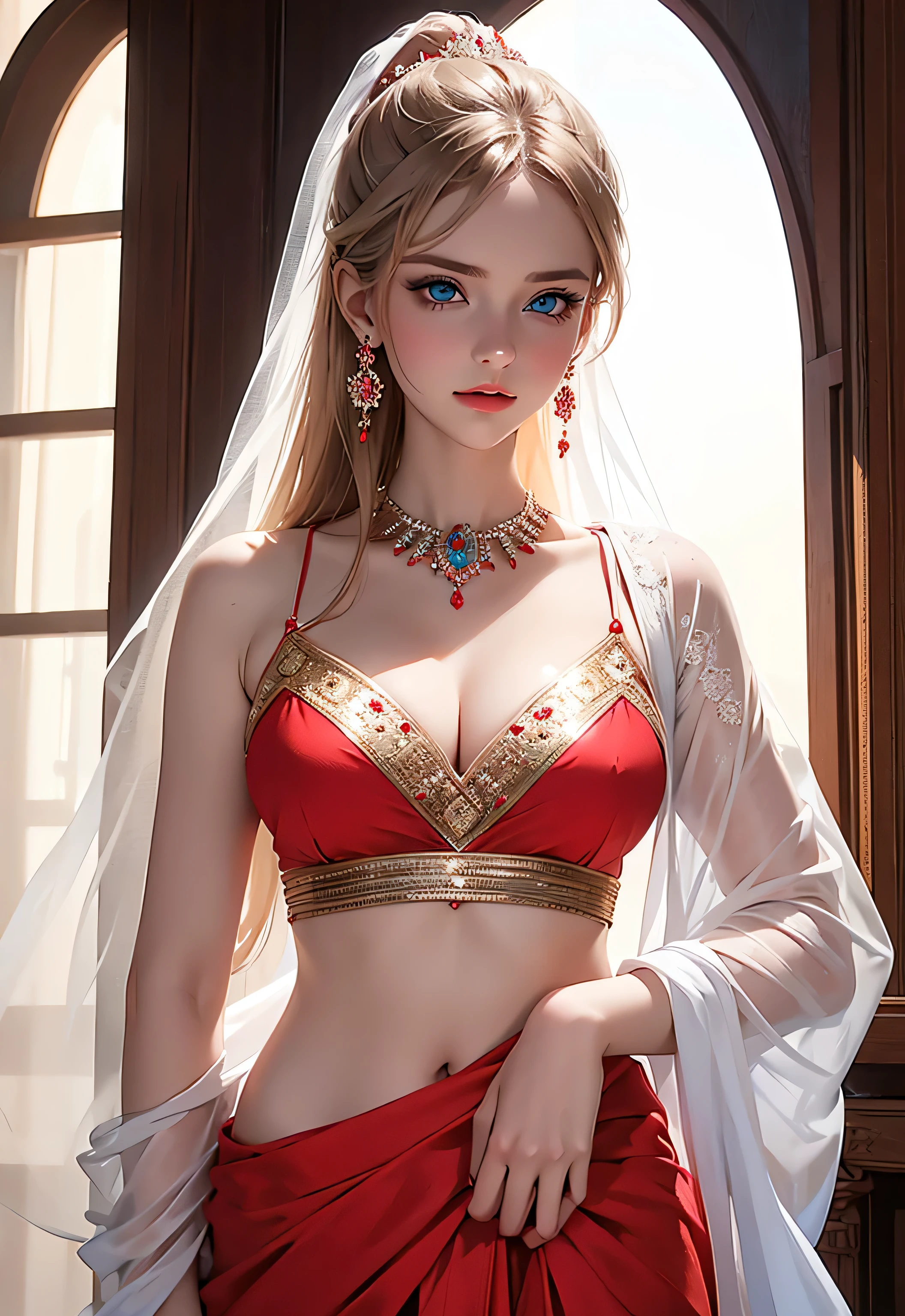 russian beautiful girl in red and white saree, white blouse, mat saree small cleavage line, medium breast, beautiful blue eyes, medium