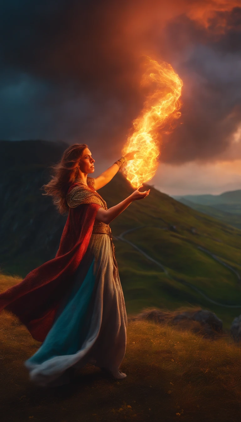8k, mid distance portrait, a female wizard with light clothes, throwing a fireball to an orc over a hill with a storm coming