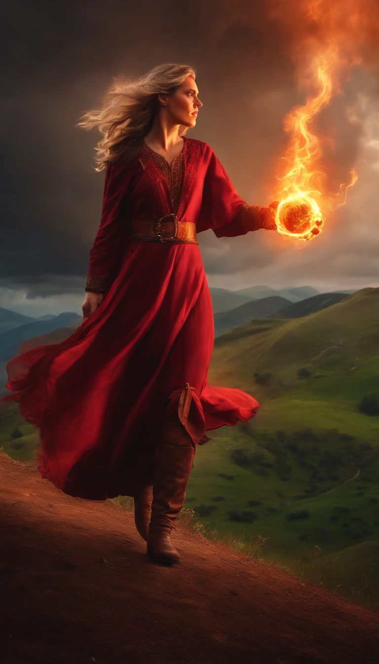 8k, mid distance portrait, a female wizard with light clothes, throwing a fireball to an orc over a hill with a storm coming