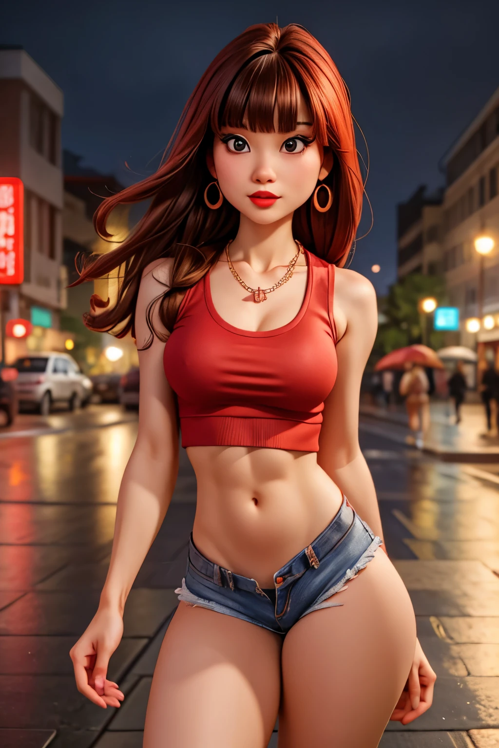 anime, girl, flirtatious, long hair, dark hair color, stylish hairstyle, side hair long, lush hair, hair does not cover face, long curls of hair pulled to the sides, hair does not cover the forehead, curvy body, sexy girl, beautiful girl, dark character, crop top, lowrider jeans, clarity, detailed, detailed face, very detailed drawing, smile, serious look, scary background, scary saturated background, perfect composition, soft natural volumetric cinematic perfect light, masterpiece
