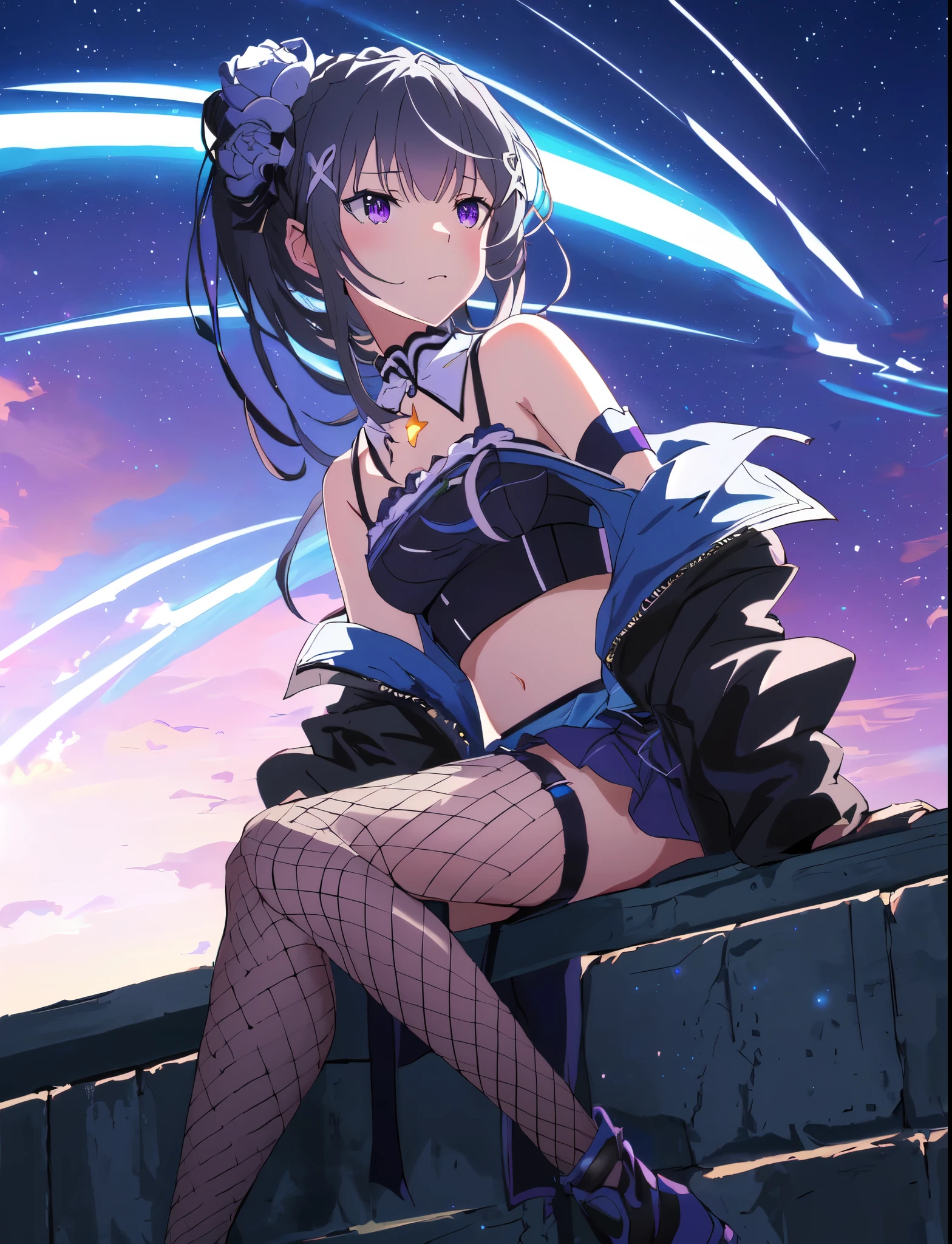 Emilia re:zero, purple eyes, Emilia, crown braid, x hair ornament, flower hair ornament, white hair, long hair, medium breasts, anime girl sitting on a wall with a starr sky in the background, anime moe artstyle, anime style 4 k, nightcore, seductive anime girl, badass anime 8 k, kantai collection style, with glowing blue lights, best anime 4k konachan wallpaper, cyberpunk anime girl, jet black haired cyberpunk girl, high quality anime artstyle, anime vibes