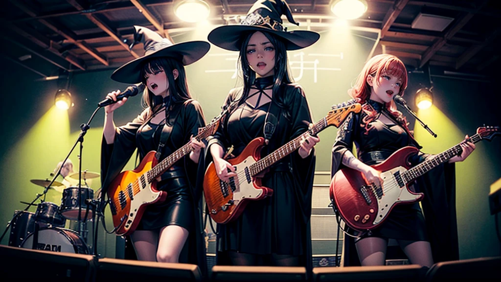 A three-woman metal band dressed in witch costumes、Arrived in Japan and held a mass at a live venue、Neck slashing pose、The intense performance was a huge success、Metal band performance、Fearless expression、Live venue lighting、The band&#39;s concept was a reaction to the witch hunts that swept through medieval Europe.、