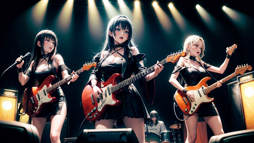 A three-woman metal band dressed in witch costumes、Arrived in Japan and held a mass at a live venue、Neck slashing pose、The intense performance was a huge success、Metal band performance、Fearless expression、Live venue lighting、The band&#39;s concept was a reaction to the witch hunts that swept through medieval Europe.、