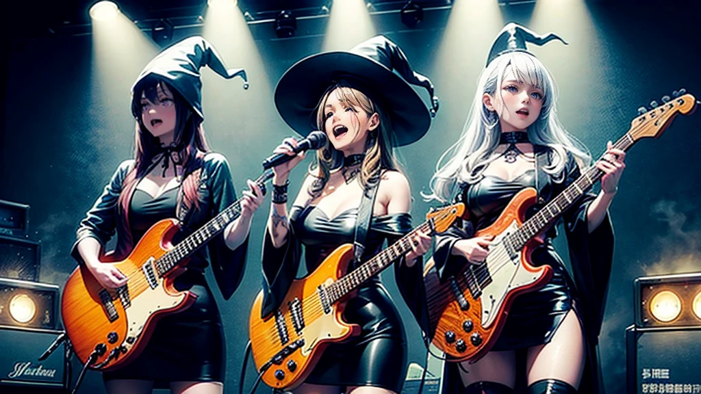 A three-woman metal band dressed in witch costumes、Arrived in Japan and held a mass at a live venue、Neck slashing pose、The intense performance was a huge success、Metal band performance、Fearless expression、Live venue lighting、The band&#39;s concept was a reaction to the witch hunts that swept through medieval Europe.、