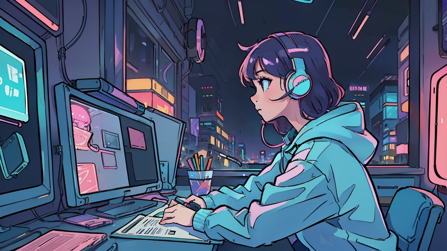 (masterpiece), (Best illustrations), Winds of the 90s,Retro、Colorful Cyberpunk、Girl studying at desk,profile, Put on your headphones, Night Light, Neon scenery on a rainy day seen from the window, Girl's Room,Barely, Black Stockings、The inside color is pink,Emo,Night view, Night Light, Lo-fi hip hop, Desktop PC, Ring lighting,(masterpiece), (highest quality), (Vaporwave Style), (Ultra-detailed), (Best illustrations), (Best Shadow),Perfect lighting, Bright colors,fashionable