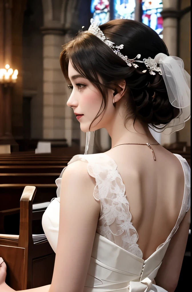 Church Wedding of 20 years old WOMEN and 23 years old MEN, don't show their full face, just their backs or a side view. Show the men and women