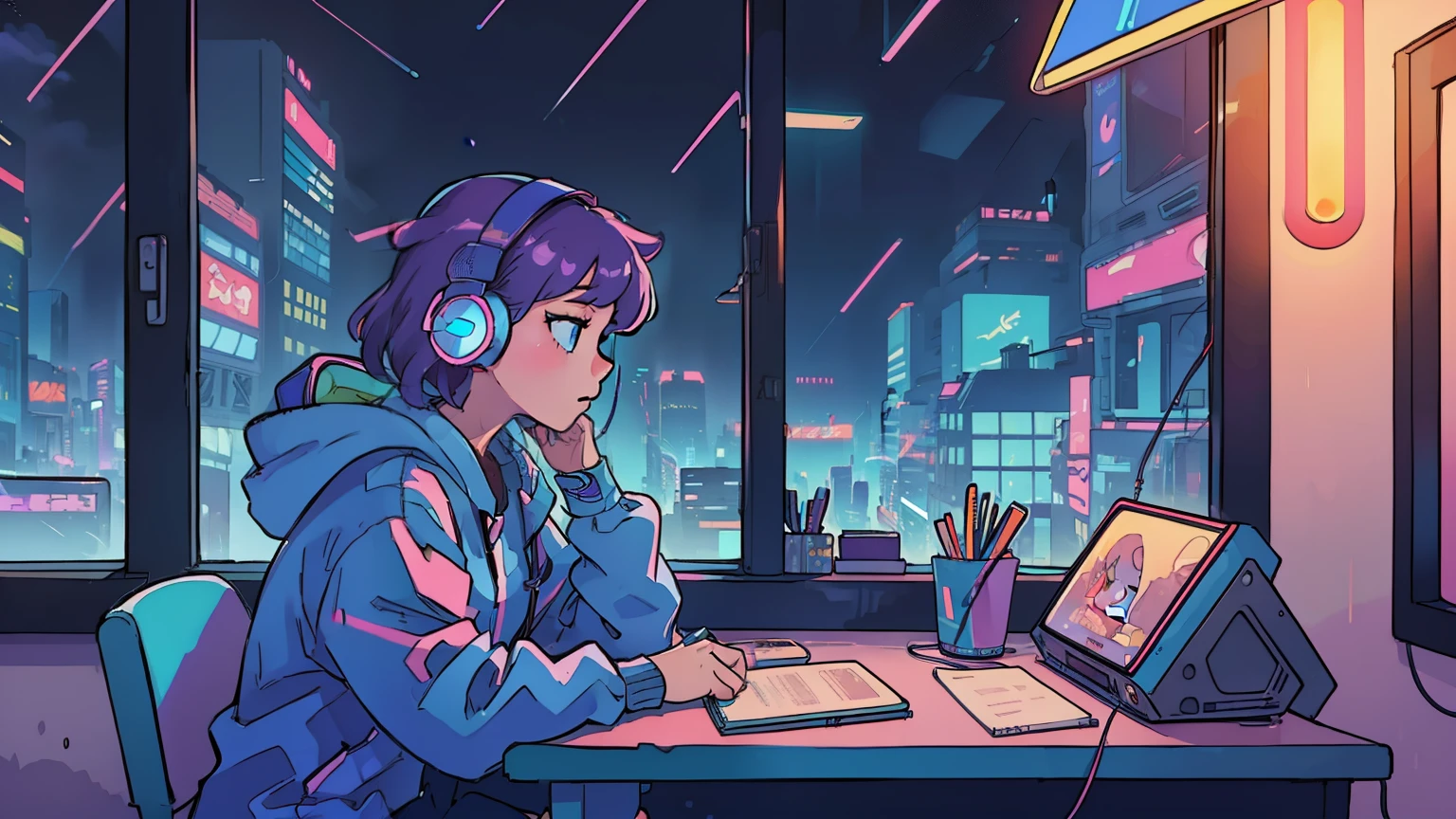 (masterpiece), (Best illustrations), Winds of the 90s,Retro、Colorful Cyberpunk、Girl studying at desk,profile, Put on your headphones, Night Light, Neon scenery on a rainy day seen from the window, Girl's Room,Barely, Black Stockings、The inside color is pink,Emo,Night view, Night Light, Lo-fi hip hop, Desktop PC, Ring lighting,(masterpiece), (highest quality), (Vaporwave Style), (Ultra-detailed), (Best illustrations), (Best Shadow),Perfect lighting, Bright colors,fashionable