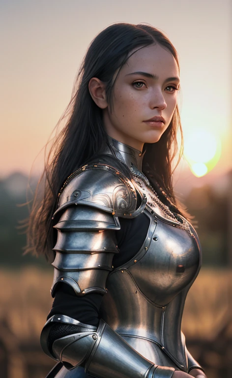 (masterpiece), (extremely intricate:1.3), (realistic), portrait of a girl, the most beautiful in the world, (medieval armor), metal reflections, upper body, outdoors, intense sunlight, far away castle, professional photograph of a stunning woman detailed, sharp focus, dramatic, award winning, cinematic lighting, octane render unreal engine, volumetrics dtx, (film grain, blurry background, blurry foreground, bokeh, depth of field, sunset, motion blur:1.3), chainmail