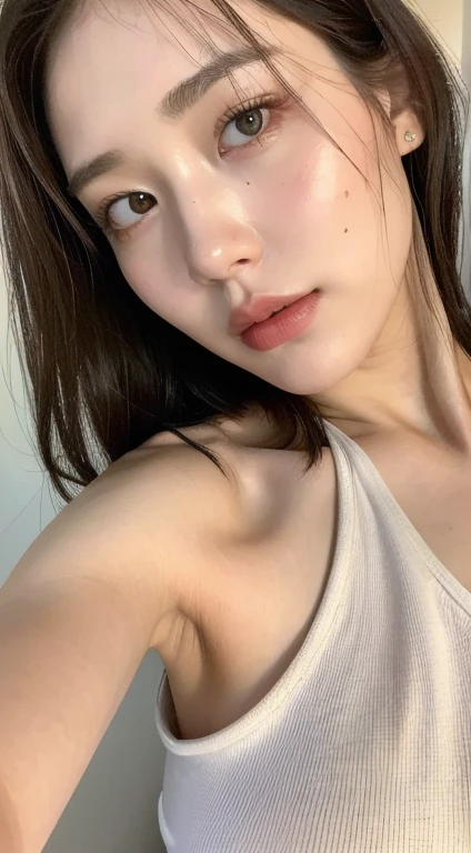 ((Best quality, 8k, Masterpiece :1.3)), 1girl, Pretty woman with emphasizing slender abs :1.3, (random hairstyles :1.2), Oversized tank top :1.2, Ultra-detailed face, Detailed eyes, Double eyelid, armpit