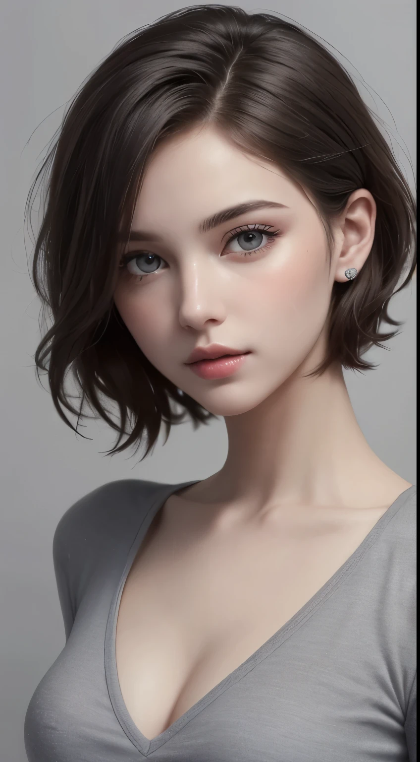 Skin Tight Black Top:1.2、look at the audience、cinematic lighting、perfection、soft light、High resolution skin:1.2、realistic skin texture、30 year old mature woman、small face、no makeup、off shoulder、Bust B Cup、exposed cleavage、red eyes、short hair、dark brown hair、full nude、gray background、