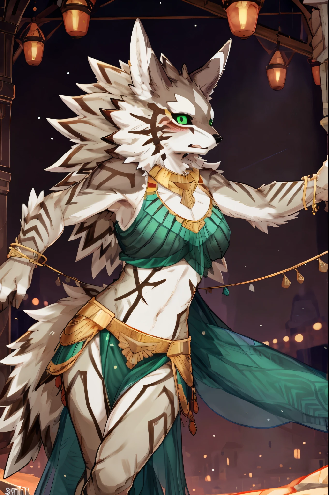 ((by Buta99, by SpiritD, best quality, masterpiece, perfect anatomy, detailed picture)), 1female, Jackal, Seth, Tokyo Afterschool Summoner, brown furs, green sclera eyes, young body, skinny body, tail, big blushes, embarrassed, harem crop top, harem leg wear, harem loincloth, dancing, in the desert night club background 