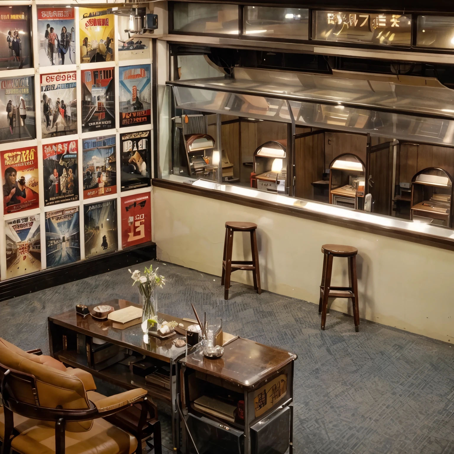 (best quality,realistic)  taiwan nostalgic movie ticket booth,wall covered with vintage movie posters, metal table have the stacks of documents,three conversation seats facing a glass ticket window, glimpse of a spacious lobby through the glass, set in the 1950s, vintage props and decor, accurate depiction, high-res, maximized level of detail , no man ,no woman , no one , no humans.