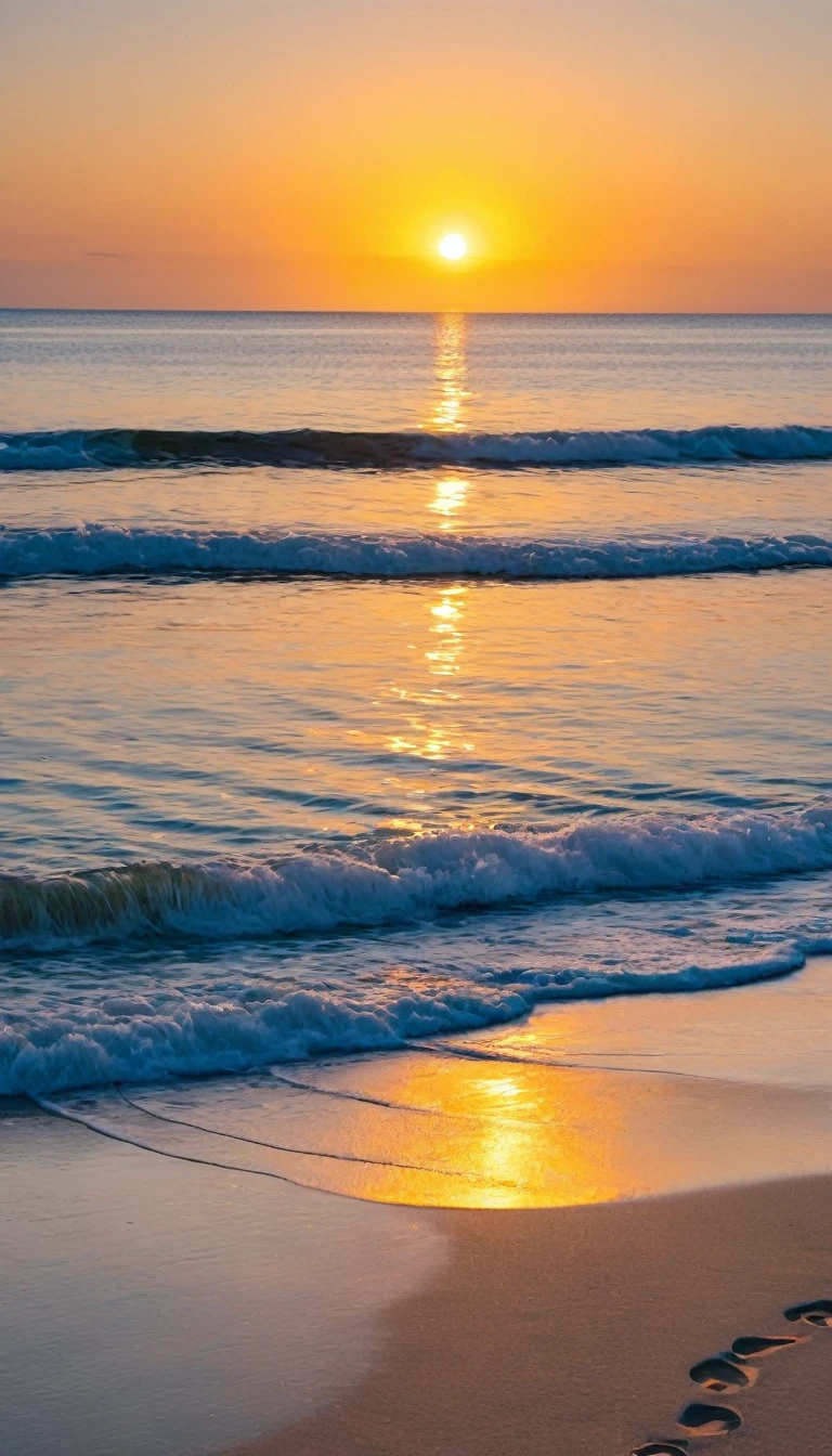 The image depicts a serene beach scene at sunset. The sky is painted with hues of orange, yellow, and blue, reflecting off the calm ocean waters. The sun is visible near the horizon, casting a warm glow over the scene. The beach is sandy with gentle waves lapping at the shore, and there are footprints in the sand, suggesting recent human activity. On the left side of the image, there are palm trees swaying gently, adding to the tropical ambiance. The overall atmosphere is peaceful and idyllic, evoking a sense of relaxation and escape from daily life.