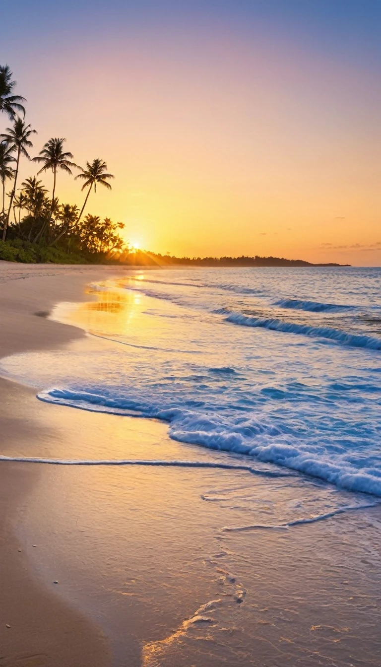 The image depicts a serene beach scene at sunset. The sky is painted with hues of orange, yellow, and blue, reflecting off the calm ocean waters. The sun is visible near the horizon, casting a warm glow over the scene. The beach is sandy with gentle waves lapping at the shore, and there are footprints in the sand, suggesting recent human activity. On the left side of the image, there are palm trees swaying gently, adding to the tropical ambiance. The overall atmosphere is peaceful and idyllic, evoking a sense of relaxation and escape from daily life.