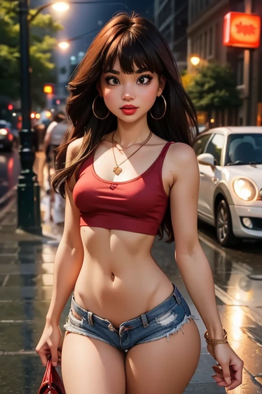 A detailed portrait of a teeanage girl. Small breasts, slender abs. wearing mini shorts and a fitted red crop top. Long messy hair with bangs. Necklace. Earrings. Red lips.  Sexy gaze. On a rainy night in the street. 