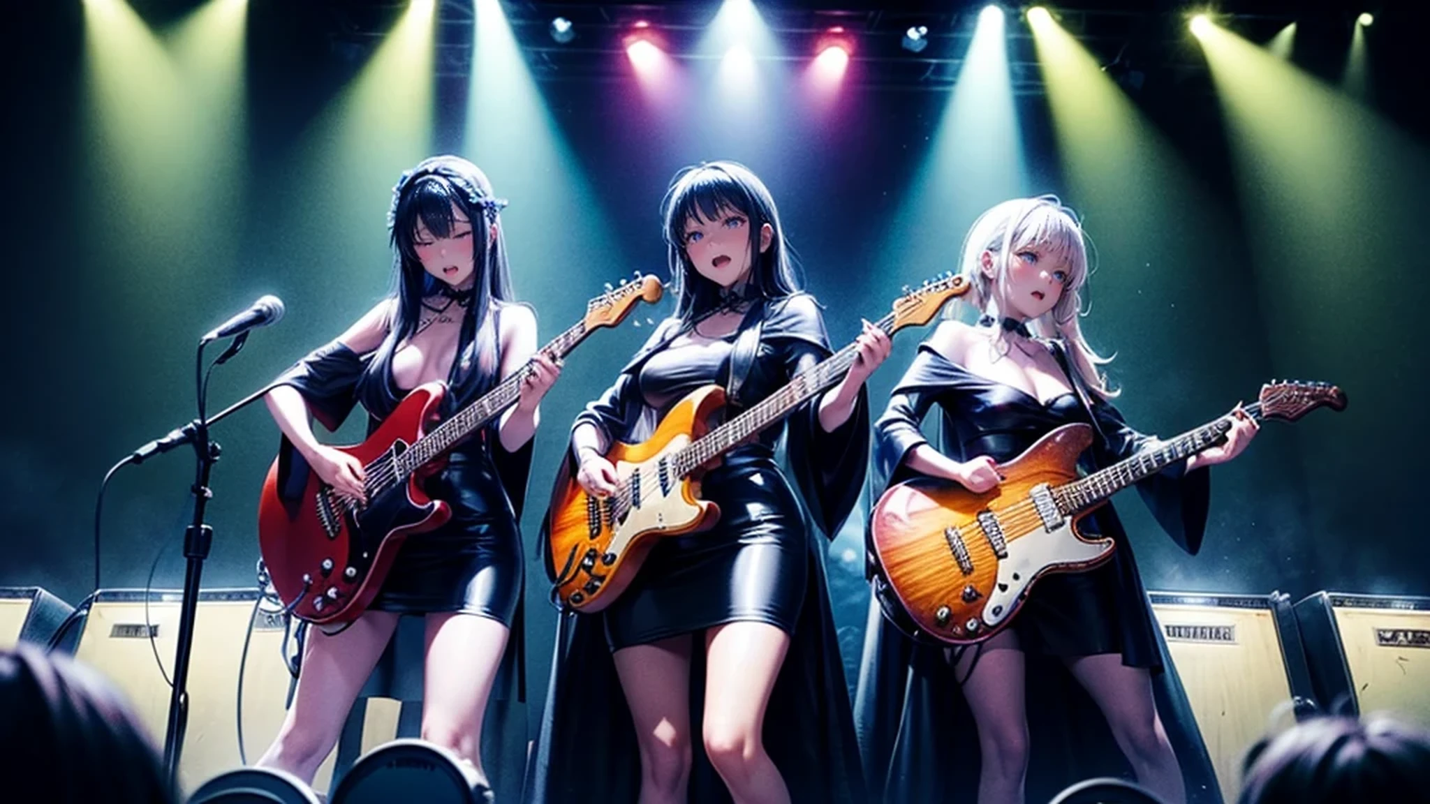 A three-woman metal band dressed in witch costumes、Arrived in Japan and held a mass at a live venue、Neck slashing pose、The intense performance was a huge success、Metal band performance、Fearless expression、Live venue lighting、The band's concept was a reaction to the witch hunts that swept through medieval Europe.、